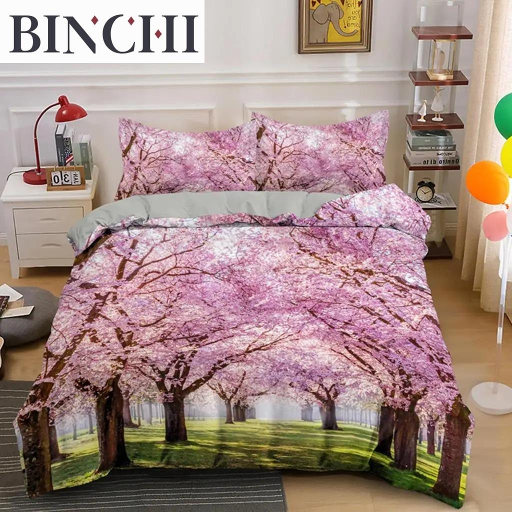 Plum Blossom Duvet Cover Collection King Pink Flower Quilt Cover For Girls Microfiber Branches Printed Bedding Collection