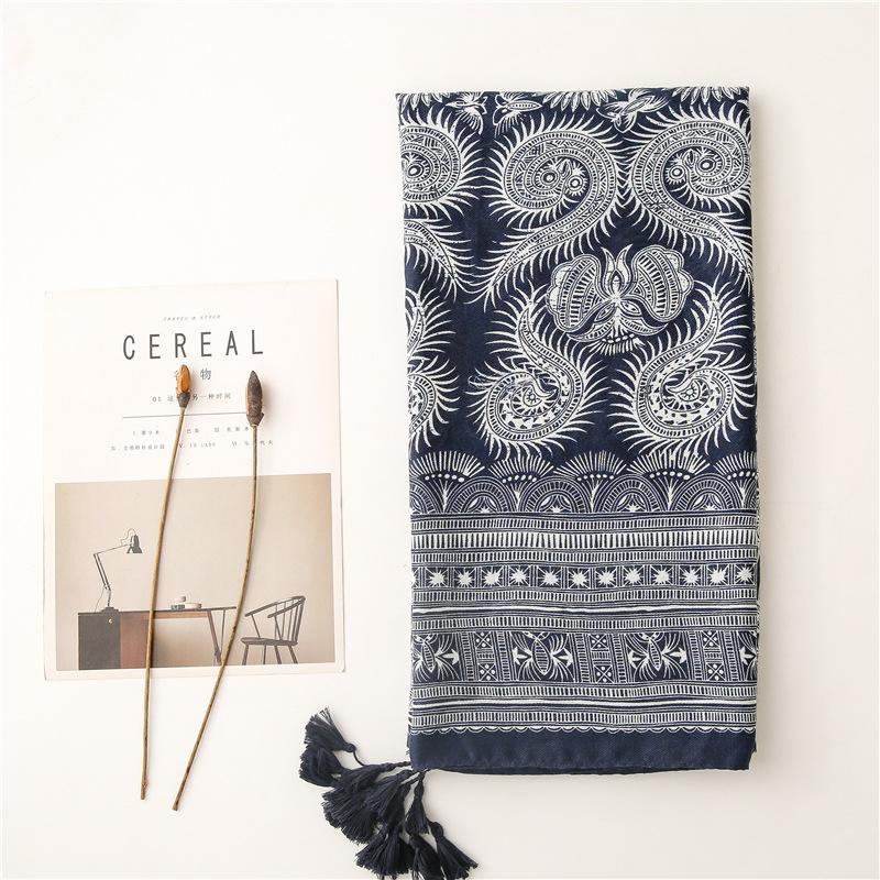 New Women'S Soft Navy Blue Bohemian Tassel Scarf, Fashionable Scarf, Headscarf, Travel, Vacation, Beach Wrap, Shawl