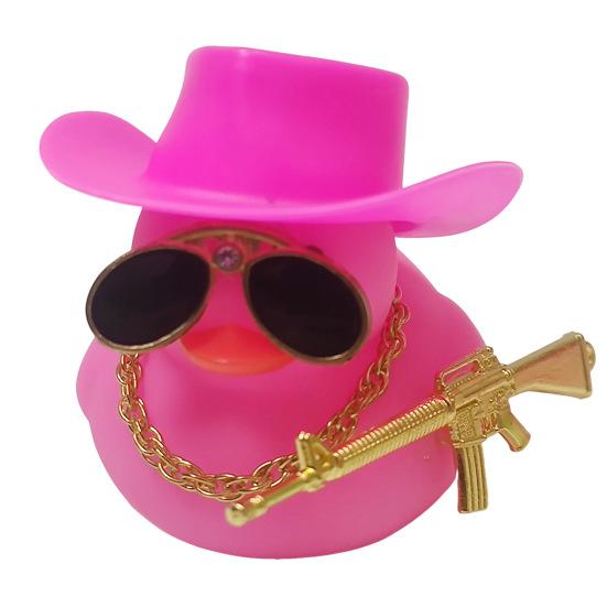 Duck Ornament Squeaky Car Dashboard Decoration Set Funny Yellow Duck Figure with Cowboy Hat Sunglasses Golden Chain Decor