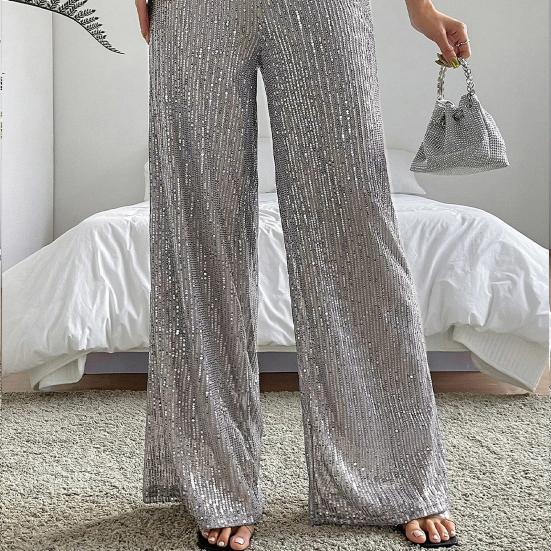 Women Nightclub Long Pants High Waist Sparkling Sequined Straight Wide Leg Pants Elastic Waist Loose Fit Solid Color Trousers
