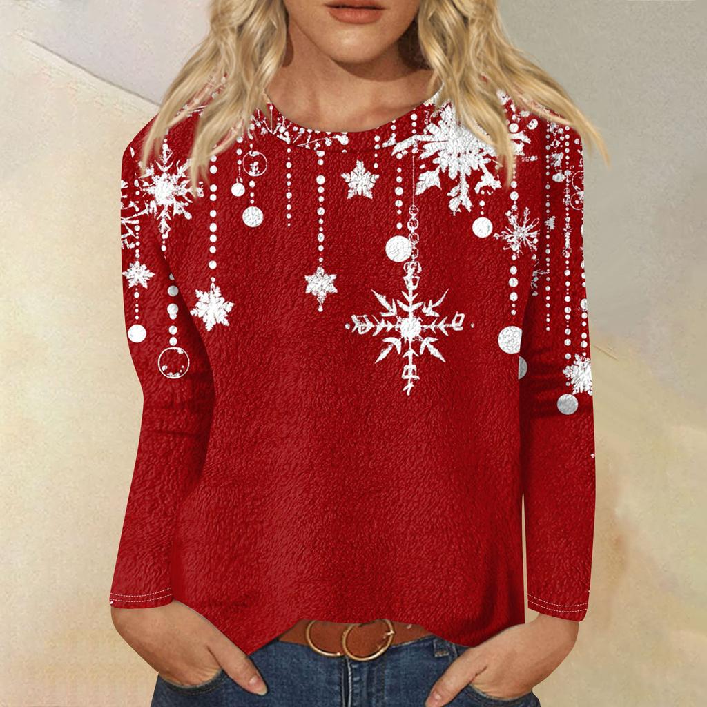 Женская модная повседневная фланелевая футболка с длинным рукавом и круглым вырезом с рождественским принтом