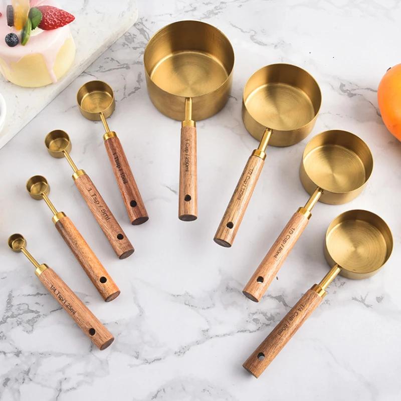 8Pcs Set Stainless Steel Measuring Cups Spoons with Wooden Handle Multifunctional Portable Measuring Tools Kitchen Accessories