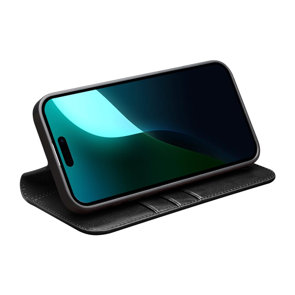 QIALINO For iPhone 16 Case Genuine Cow Leather Card Holder Stand Flip Phone Cover