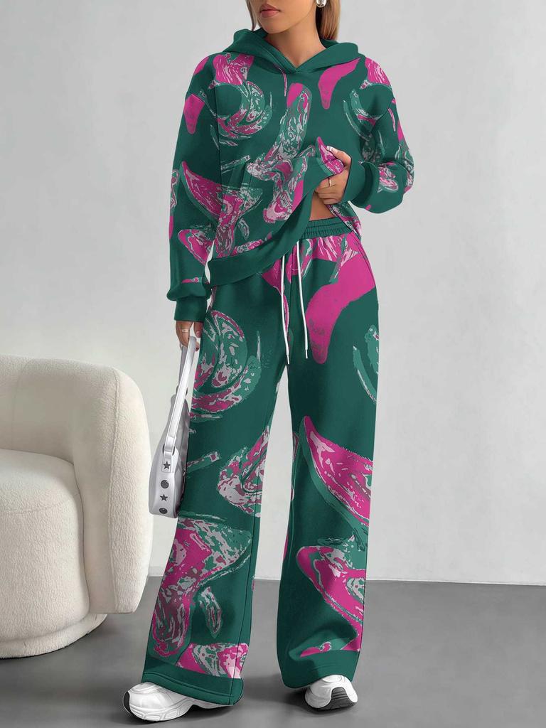 Splicing European And American Autumn And Winter Casual Long-Sleeved Suit Women'S Hooded Sweater Trousers Two-Piece Set