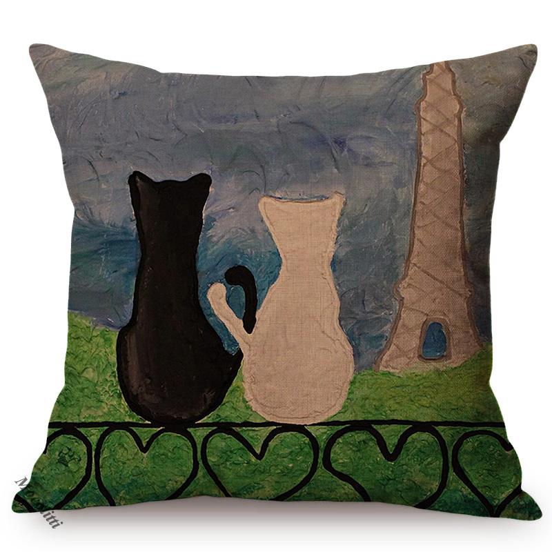 Cartoon Cat Modern Abstract Art Home Decoration Sofa Pillow Case Cute Animal Poster Cotton Linen Living Room Chair Cushion Cover