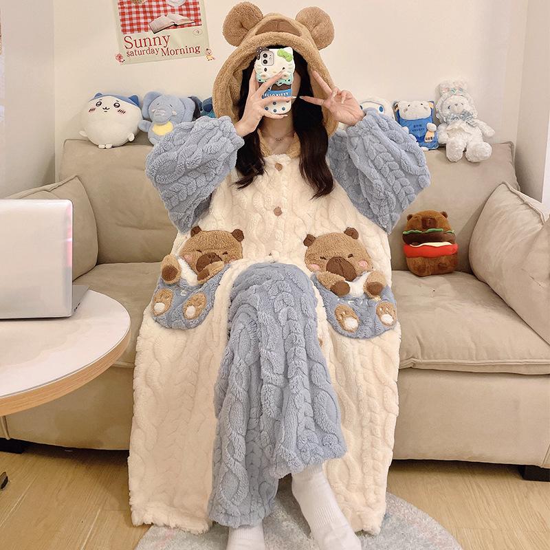 Женская зимняя ночная рубашка из бархата и кораллового флиса размера плюс - симпатичная домашняя одежда из плотной фланели