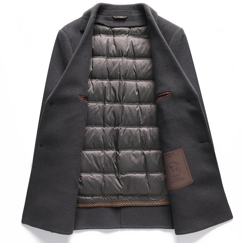 Мужское шерстяное пальто осень-зима средней и длинной длины с воротником-стойкой и подкладкой из белого утиного пуха, молодежное деловое двухстороннее шерстяное пальто