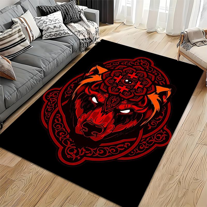 "Red Wolf Head Pattern Carpet with Mandala Design on Black Background" Suitable for use as an anti-slip for living room bedroom sofas