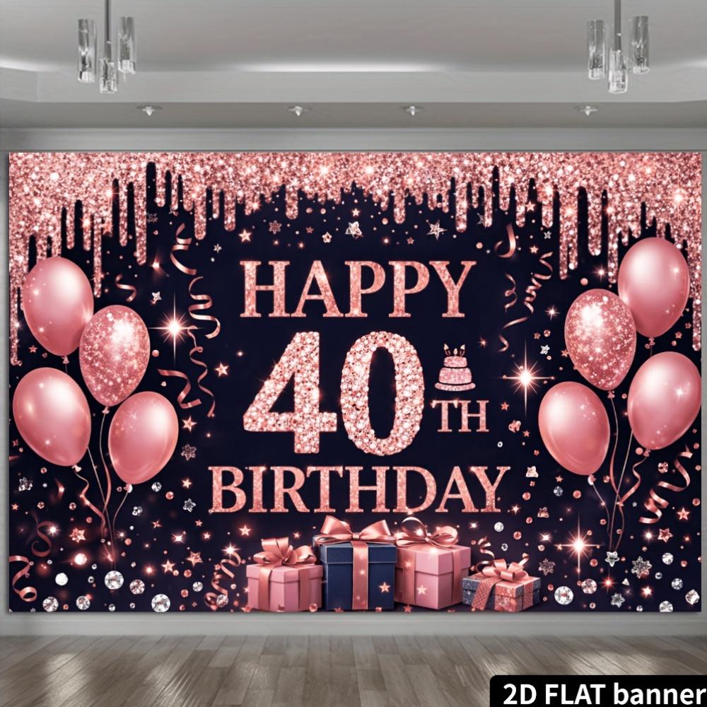 2D Flat Banner - 40th Birthday Party Background Fabric - Black background with pink gold glitter and golden luster theme
