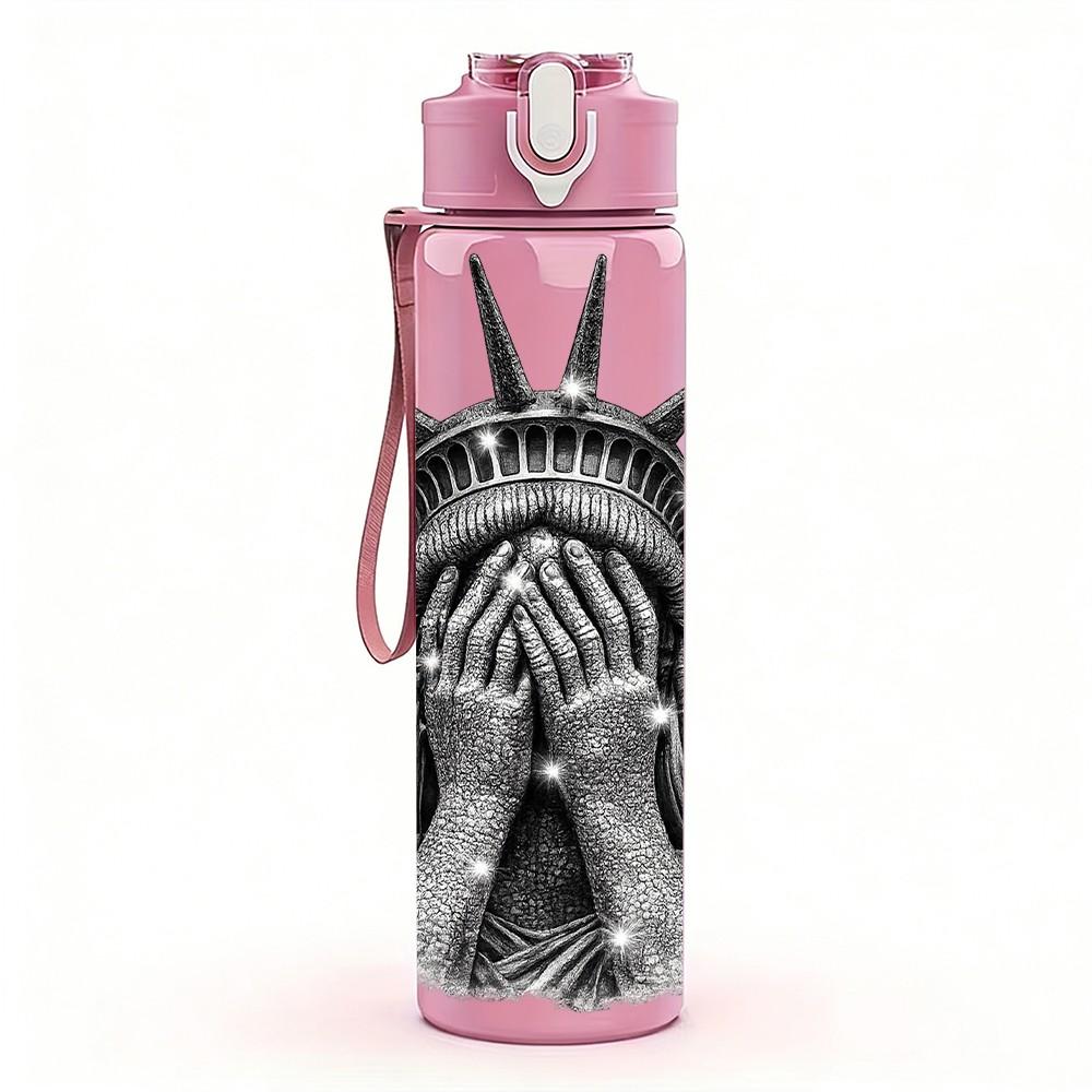 1PC Statue Of Liberty Sketch Print 750ml Color Plastic Sports Water Bottle Leakproof Flip Straw Lid Suitable for Sports Office Home Use