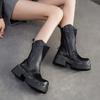 Johnature Genuine Leather Mid-calf Boots Retro Commuter Side Zipper Thick Heel Thick Bottom Women's Boots