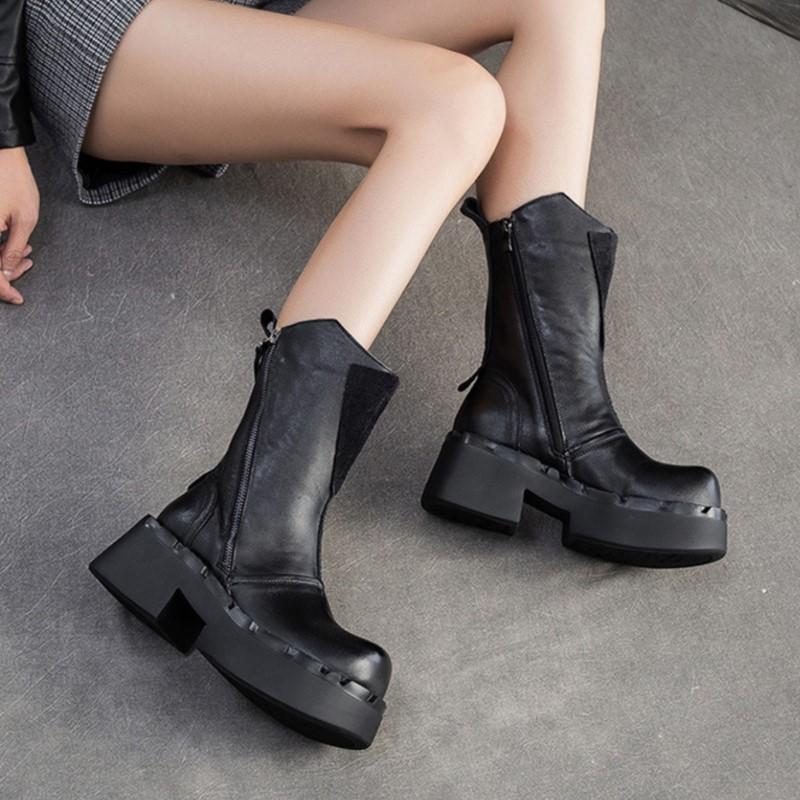 Johnature Genuine Leather Mid-calf Boots Retro Commuter Side Zipper Thick Heel Thick Bottom Women's Boots