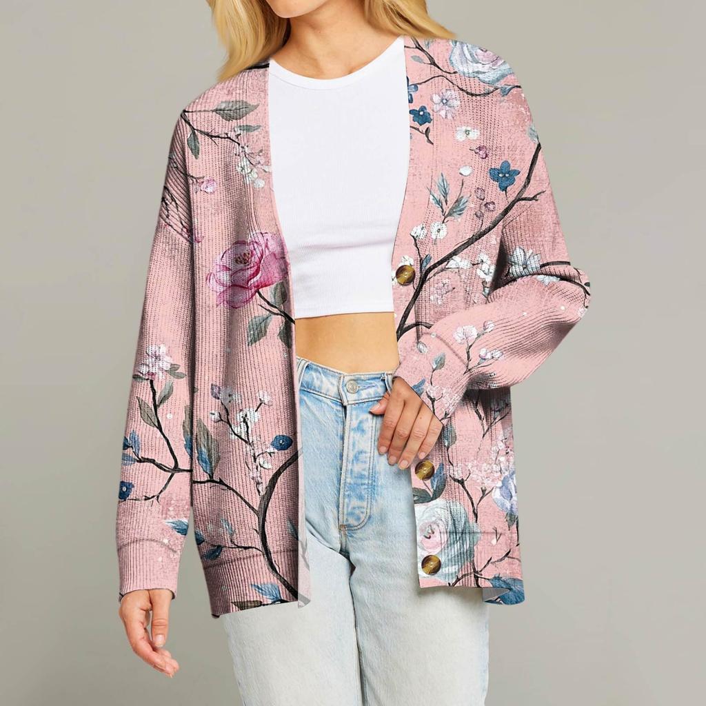 Женский модный кардиган с длинным рукавом, принтом, V-образным вырезом, на пуговицах, свободного кроя