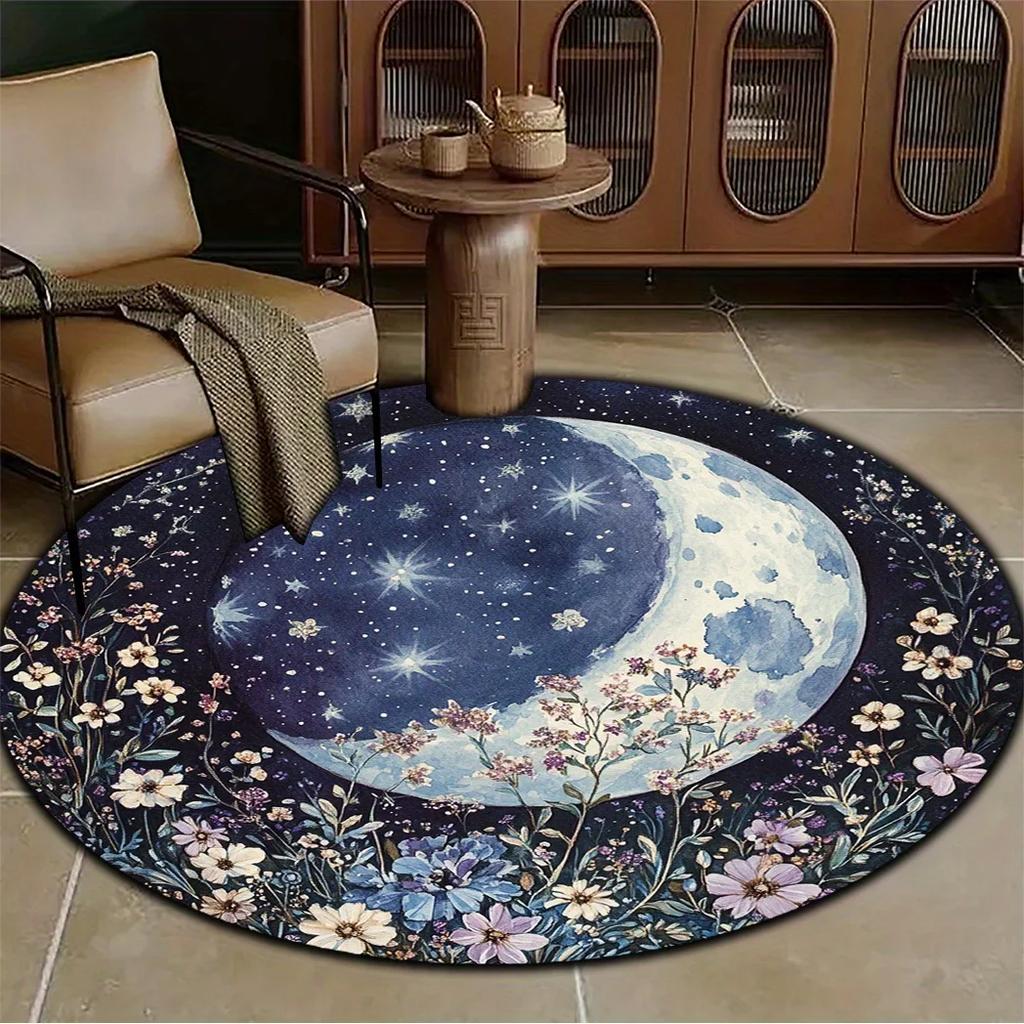 Cute Cat-Themed Round Floor Mat - Two Cats on Moon with Stars & Clouds, Soft & Durable, Perfect for Bedroom or Living Room