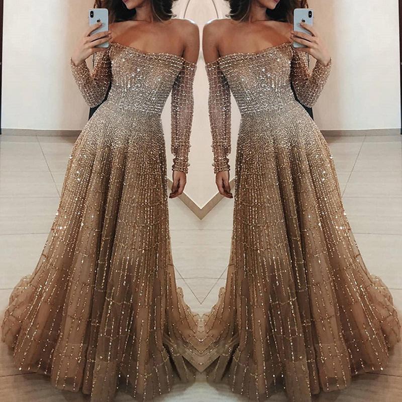 Весна новая европейская и американская женская одежда блестящий топ-труба топ-труба с длинным рукавом платье длинное платье платье