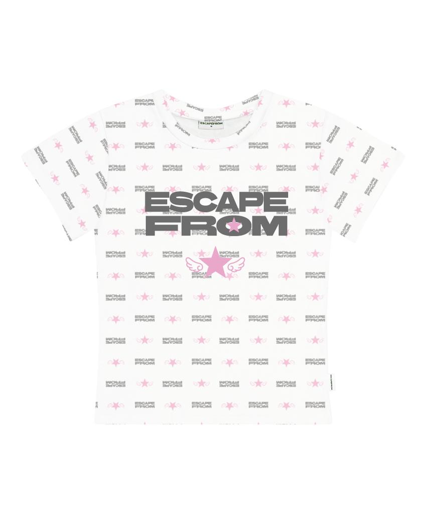 ESCAPEFROM Angel Star Типографический Логотип Игра Полный Принт Облегающая Футболка с Коротким Рукавом Светло-Розовый