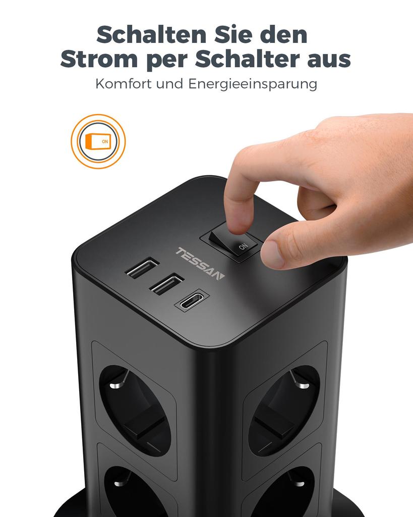 Tessan Сетевой фильтр Tower с удлинителем USB 2M, черный вертикальный сетевой фильтр Tower с защитой от перенапряжения, розетка EU Plug Tower