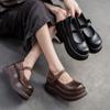 Johnature Mary Janes Shoes Genuine Leather Flat Platform Shoes Buckle Thick Soled Height Increasing Sandals