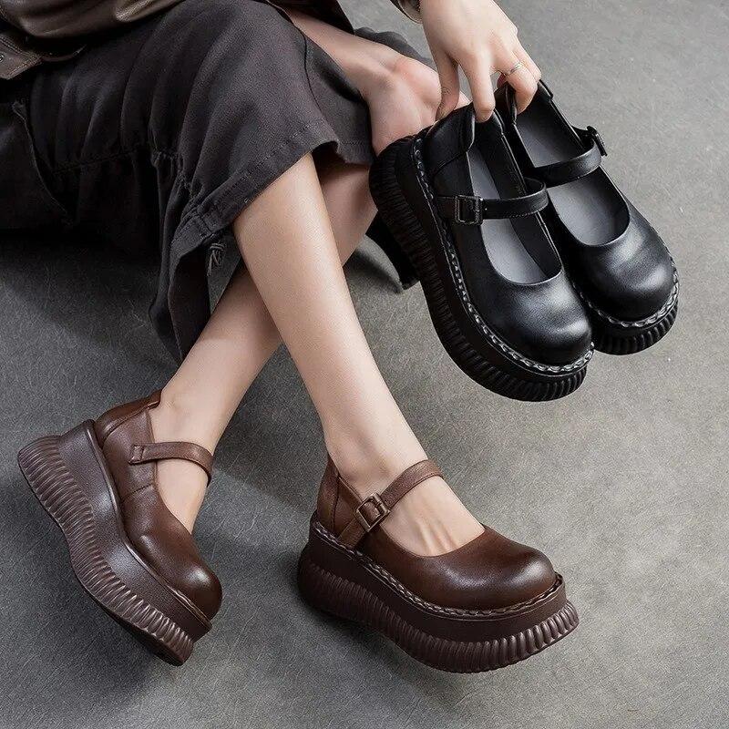 Johnature Mary Janes Shoes Genuine Leather Flat Platform Shoes Buckle Thick Soled Height Increasing Sandals