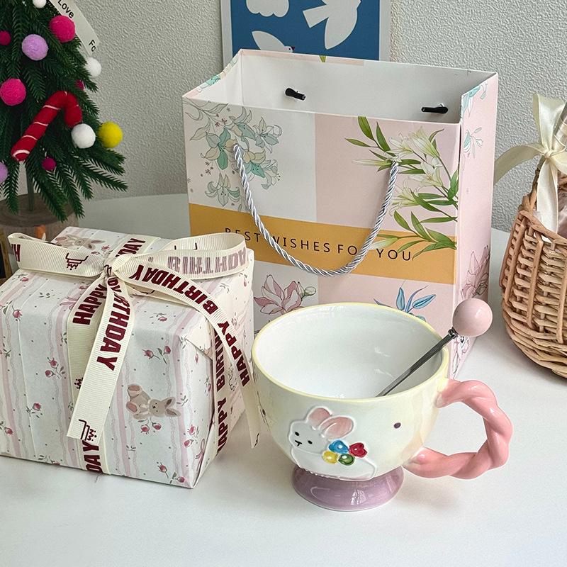 Милая керамическая кружка с тиснением в виде кролика, подглазурная цветная чаша, офисная чашка для молока и завтрака, подарок на день рождения для женщин