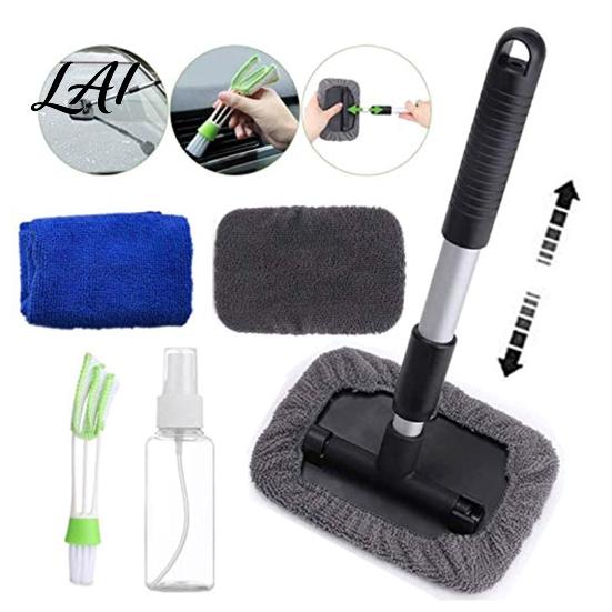 Professional Windshield Detailer Car Cleaner Tool 180 Degree Rotating Head with Microfiber Window Scrubber Extendable Handle Portable Duster