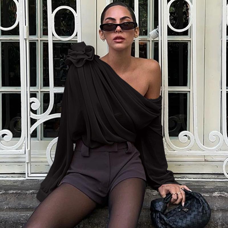 Новые сетчатые шифоновые укороченные топы с открытыми плечами, косым воротником и цветочной аппликацией, осенние элегантные прозрачные футболки с длинными рукавами и рюшами