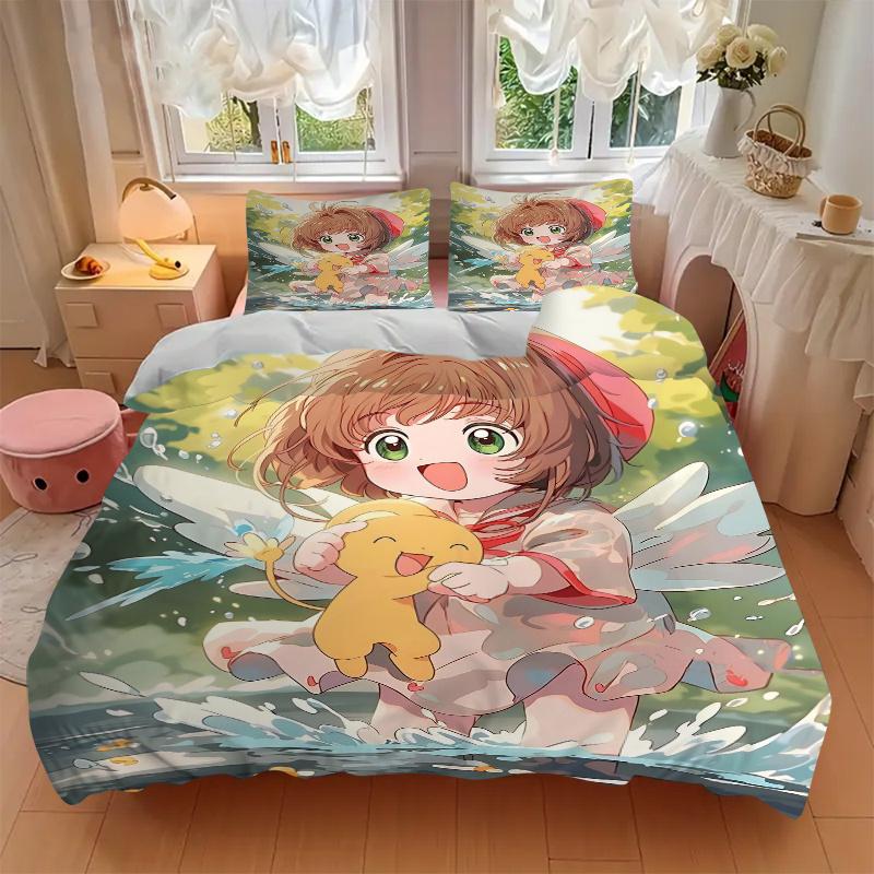 3pcs Anime Sakura and the Elf Printed Quilt Set - Soft and Comfortable Quilt Cover for Bedroom, Guest Room L003