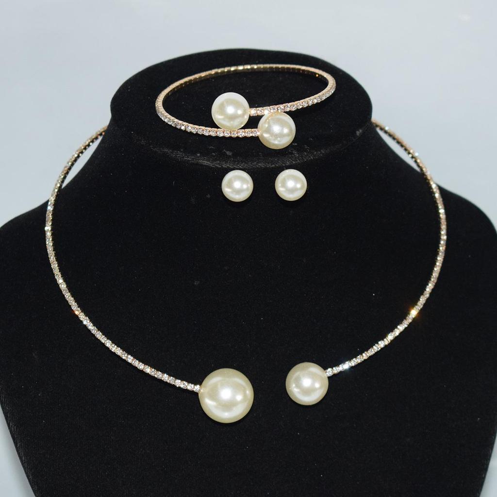 Gold-Plated Silver Women's Necklace & Bracelet Set with Pearls and Rhinestones