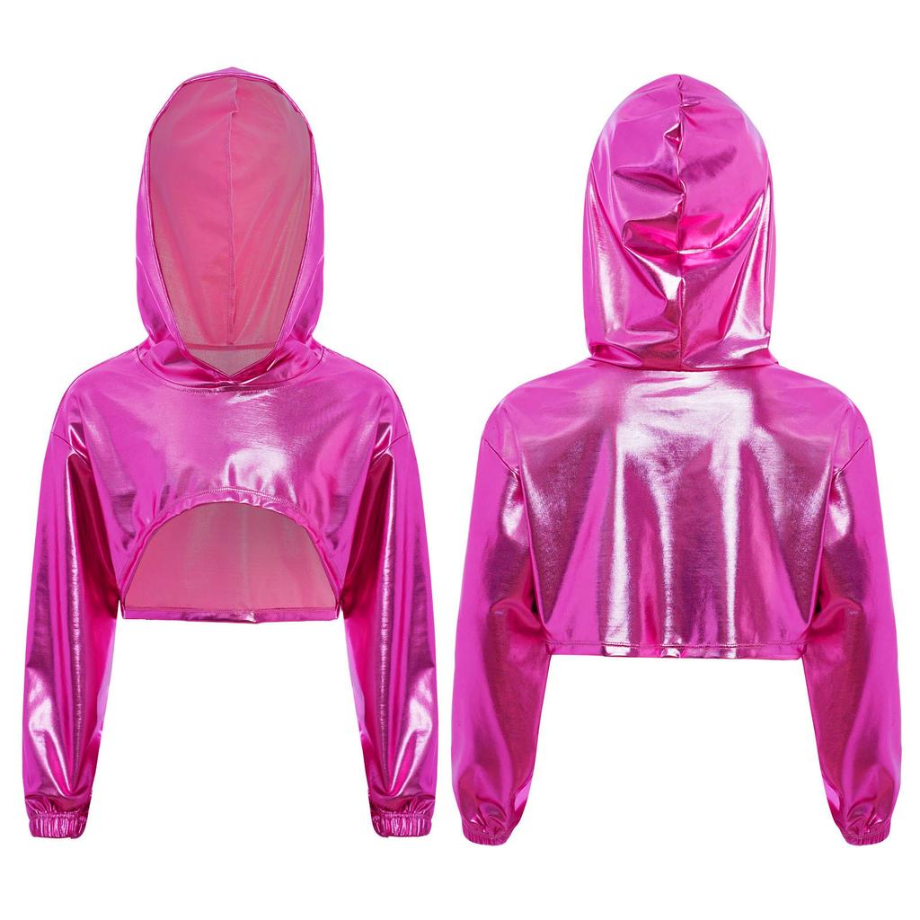 Худи для девочек в уличном стиле для танцев: Блестящий металлический укороченный топ с асимметричным подолом и длинными рукавами для соревнований