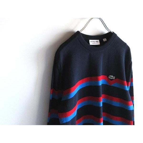 Б/у Хорошее состояние Сделано во Франции LACOSTE AH6788 Нашивка с логотипом-крокодилом Свитер с воротником-стойкой из органического хлопка Вязаный FR:3 США:S Темно-синий Синий Красный