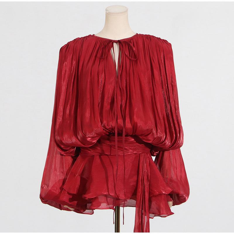 Элегантное женское платье на шнуровке с рукавами-фонариками и V-образным вырезом, свободные мини-платья для женщин, весна-лето 2025, однотонное блестящее женское платье