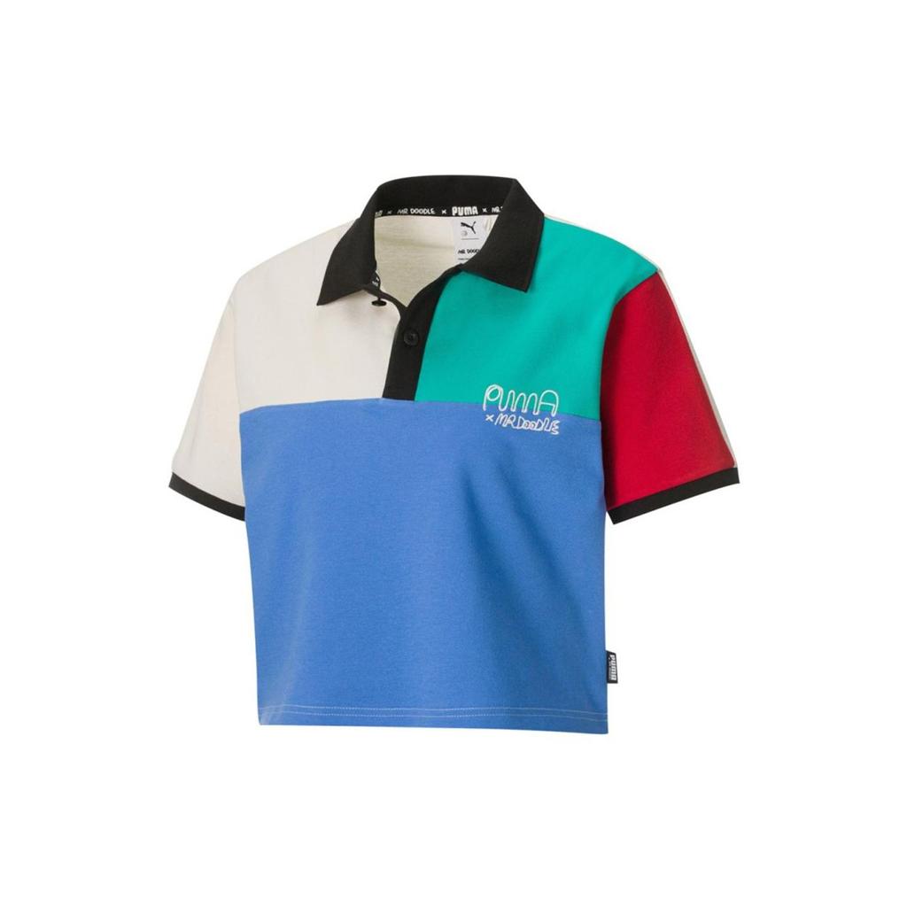 Puma X Mr Doodle Collaboration Граффити Принт Цвет Блок Рубашка Поло С Коротким Рукавом Женские Рубашки Поло Eggnog 530660-75