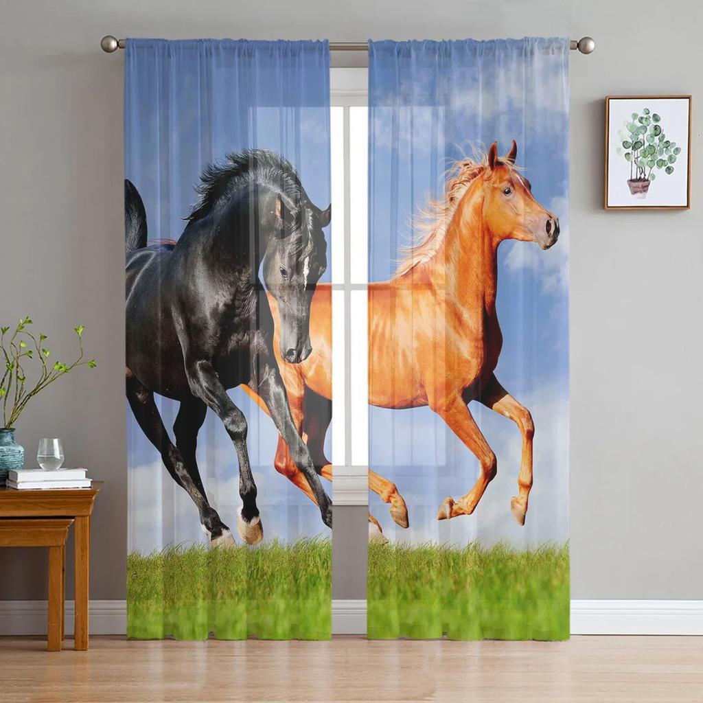 Black White Horse Watercolor Painting Tulle Sheer Window Curtains for Living Room Kitchen Children Bedroom Voile Hanging Curtain