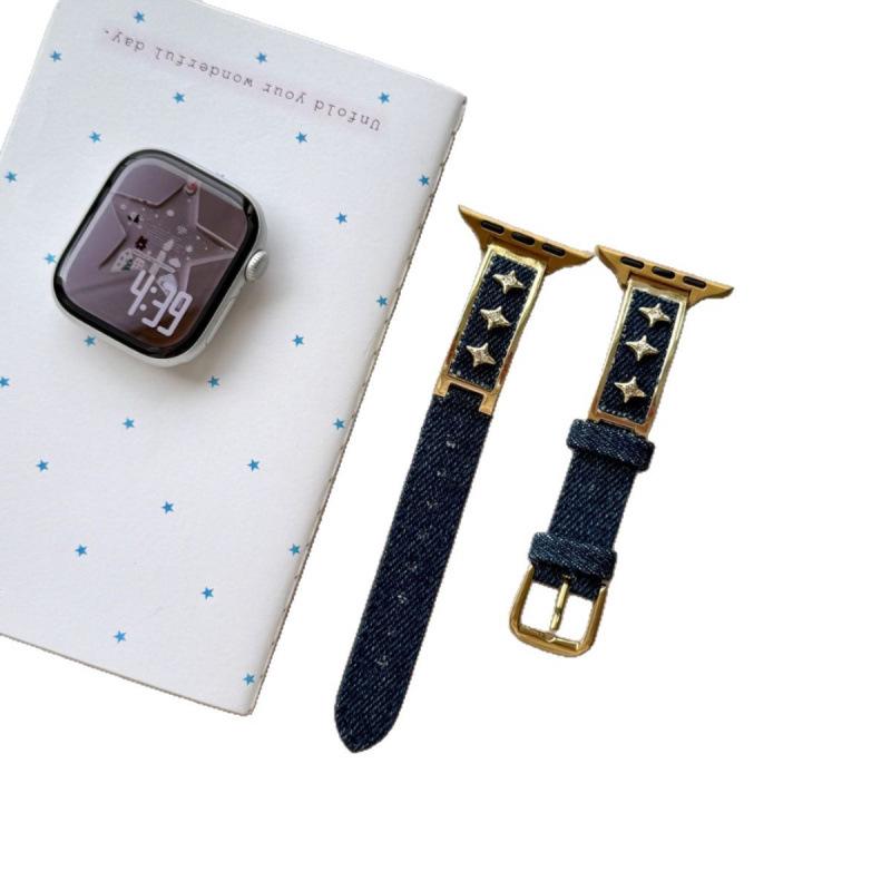 Звездный Джинсовый Кожаный Ремешок для Apple Watch 11, iWatch 109876E, Huawei GT6 и Xiaomi 9 Pro.