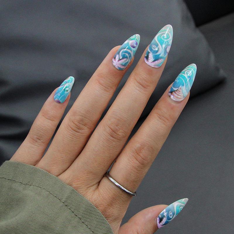 24Pcs Summer Ocean Press On Nails Short Almond Colorful Hand Painted Starfish Flower Design False Nails