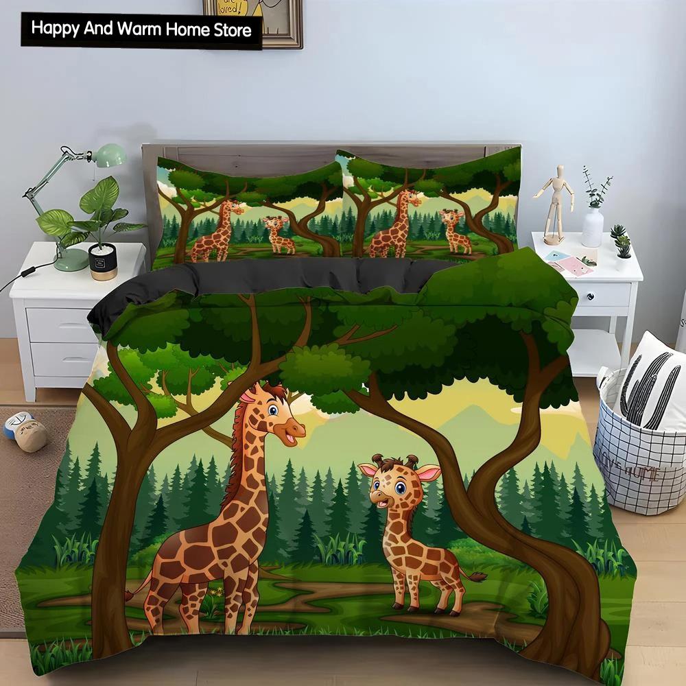 Cartoon Giraffe King Queen Duvet Cover Boys Girls Animal Bedding Set Wildlife Quilt Cover Polyester Comforter