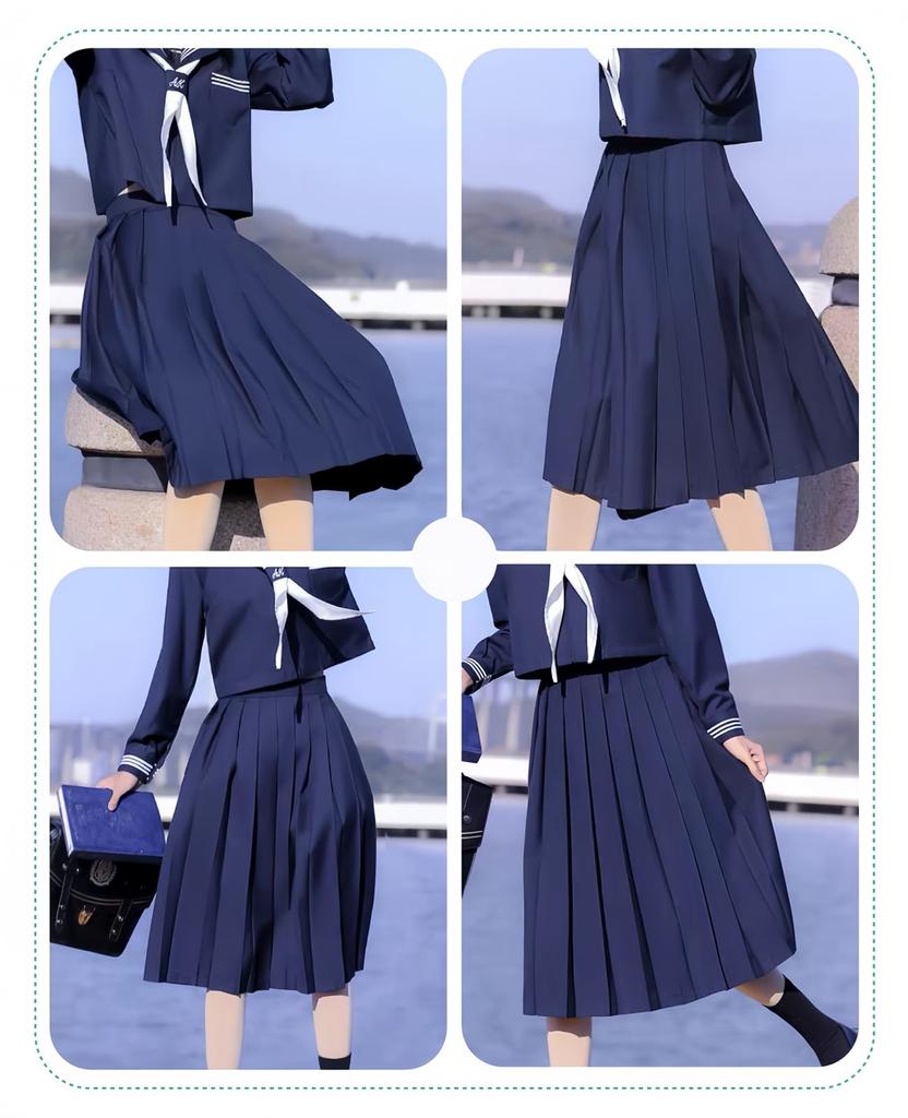 Uniform Skirt Plain Navy Black Length Pleated Skirt Long School Skirt High School Girl Cosplay Pleated Skirt JK Sailor Suit Skirt Uniform Skirt Navy