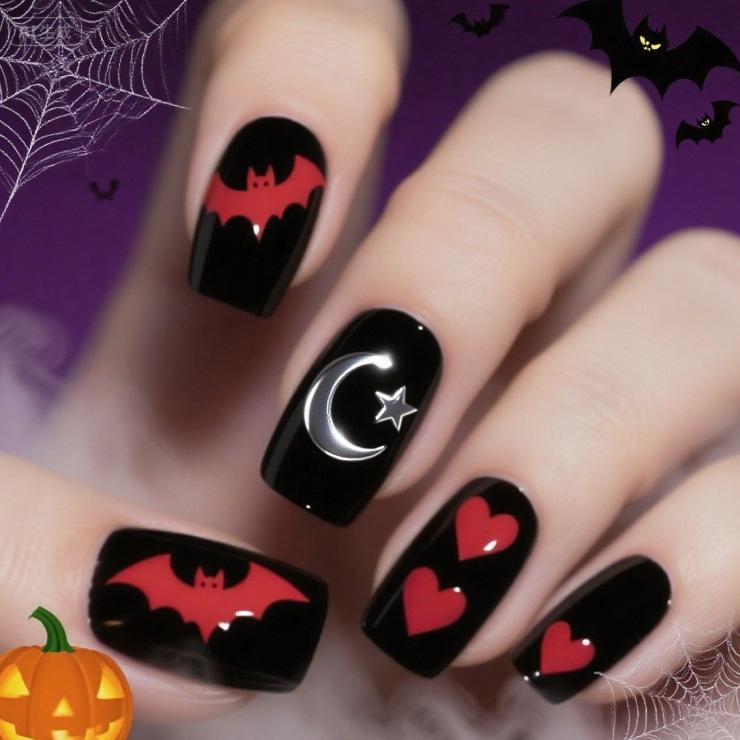 New European And American Nail Art Halloween Spice Girls Dark Bat Star Moon Love Medium Long Wear Nail Art