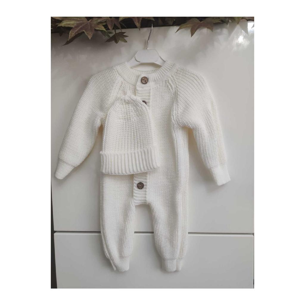 Buttoned Beige Thessaloniki Knitted Knitted Baby Jumpsuit With Hat