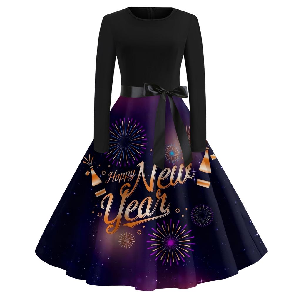 Женское повседневное модное платье с круглым вырезом и длинным рукавом с новогодним принтом в ретро-стиле