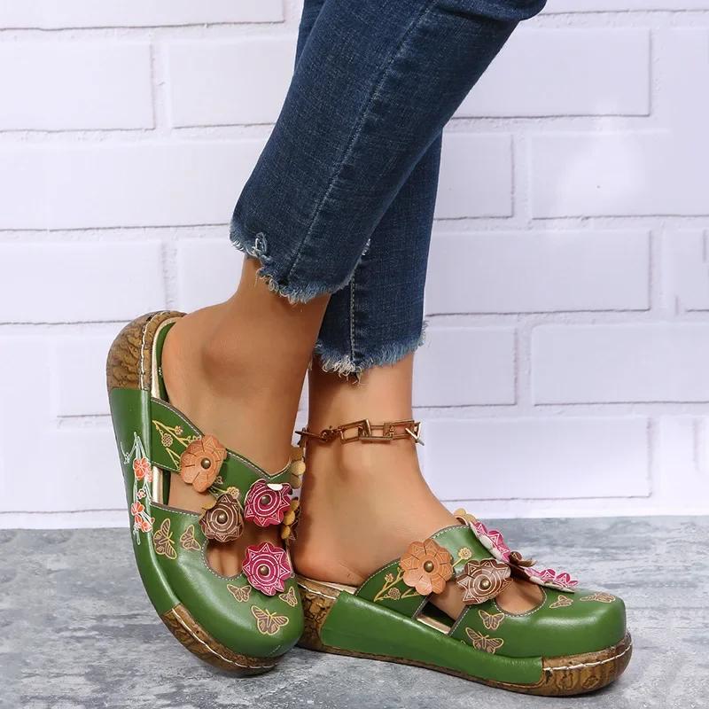 New Baotou Ethnic Slippers Bottom Flower Handmade Thick Sole Retro Women's Platform Sandals Zapatillas Mujer 2025