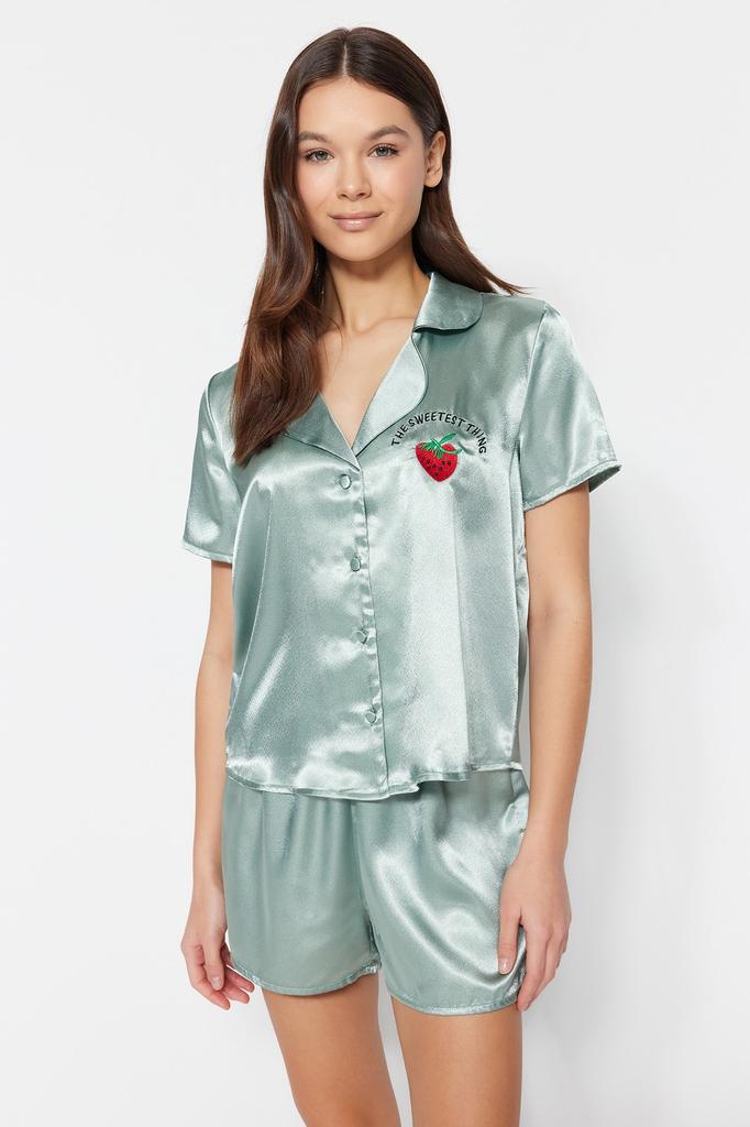 Women's Fashion New Pajama Set Orange Embroidered Satin Shirt-Shorts Woven Pajama Set