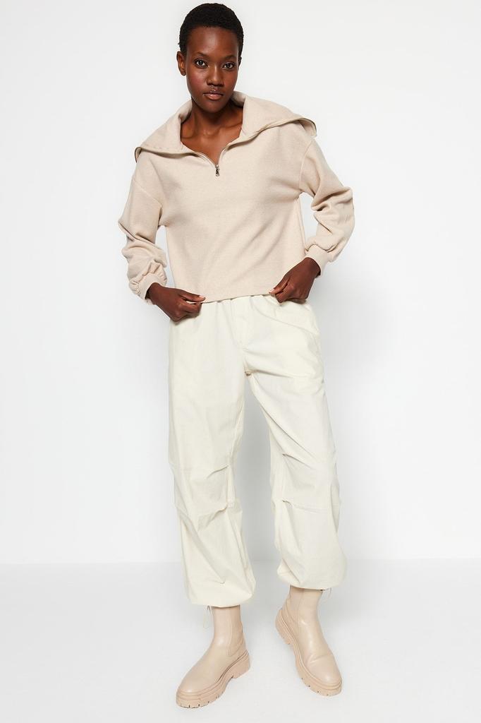 Women's Fashionable Stylish Sweatshirt Emerald Green Thessaloniki Knitwear Look Polo Neck Zippered Regular Knitted Sweatshirt