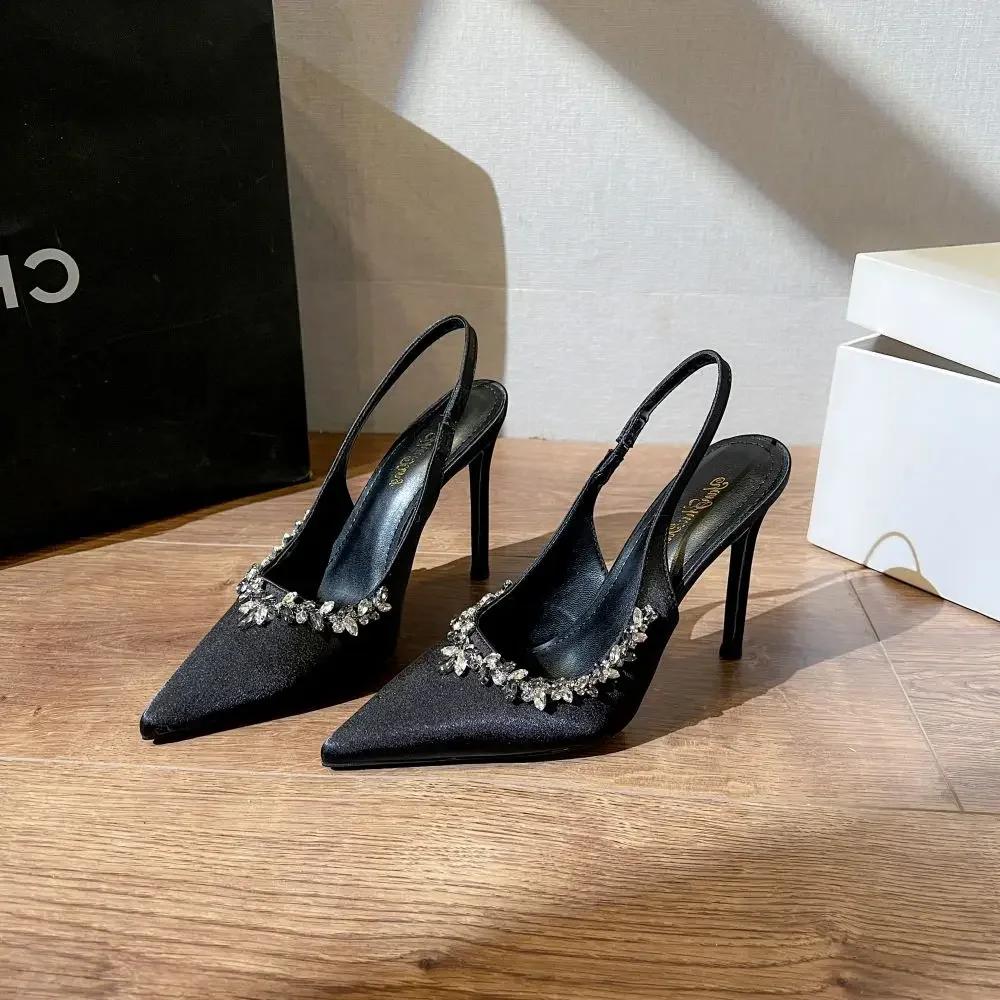 Летние классические туфли цвета шампанского, черные, банкетные, свадебные, сексуальные, со стразами, атласные, с острым носком, босоножки на высоком каблуке для женщин