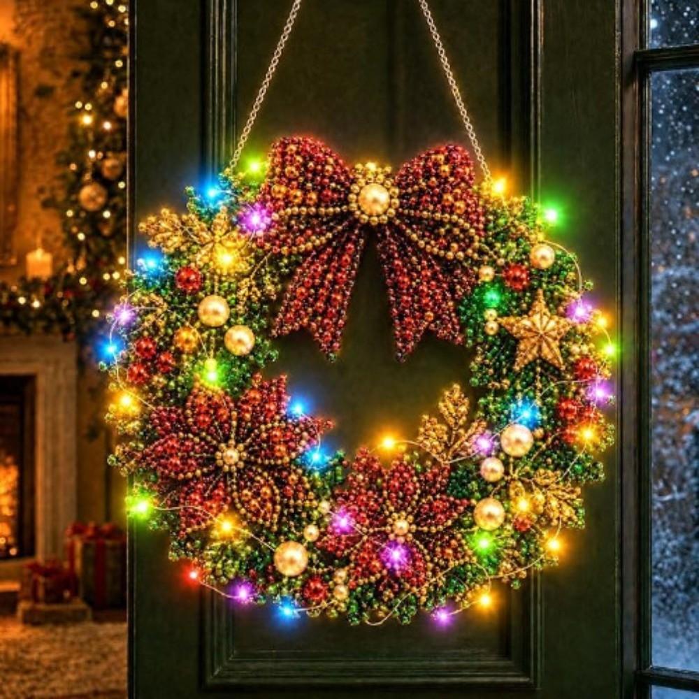 With LED String Light Diamond Art Wreath Diamond Sticking Hanging Wreath LED Wreath Holiday Gift
