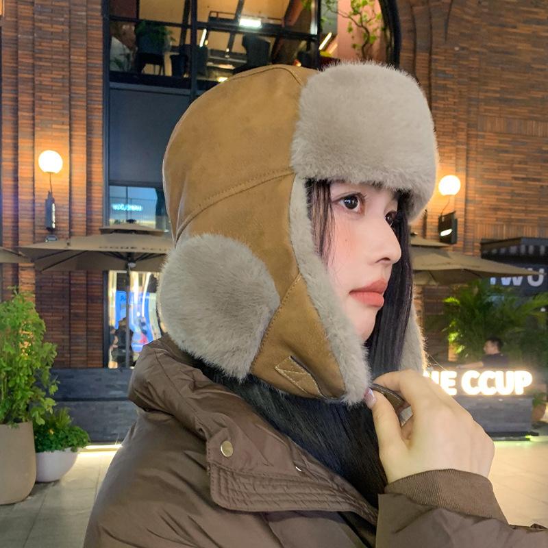 Женская осенне-зимняя теплая утолщенная защитная шапка-бомбер с холодным мехом, бархатная уличная замшевая шапка для велоспорта, милая милая шапка Lei Feng