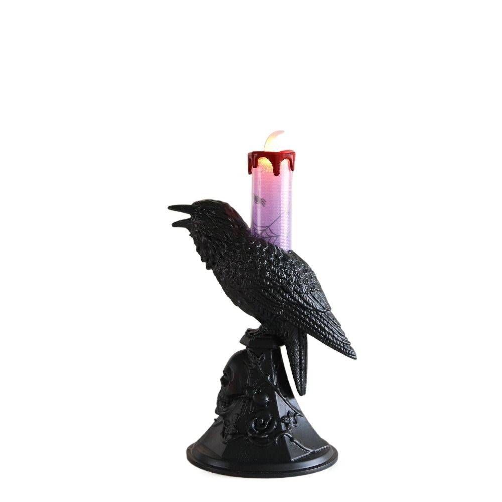 Gothic Raven LED Candles Realistic Table Lamp Black Crow Statue Glowing Candlestick  Halloween