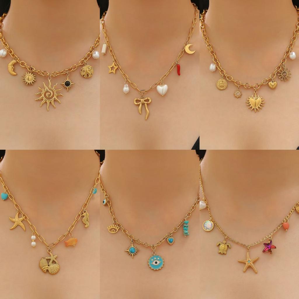 2026 Fashion Multi-element Ocean Wind Love Bow Sun Moon Devil's Eye Pendant Chain Necklace