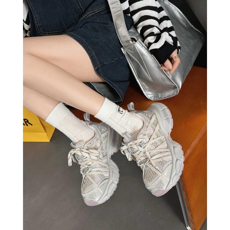 Four Seasons Mesh Fancy Strap Dad Shoes Women's Spring and Summer New Thick-soled Breathable Lightweight Sneakers