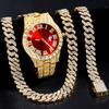 Hip Hop Iced Out Cuban Necklace Watch For Men AAA 2 Row Prong Cuban Chain Necklace+Watch+Bracelet Set Punk Rapper Jewelry Gifts